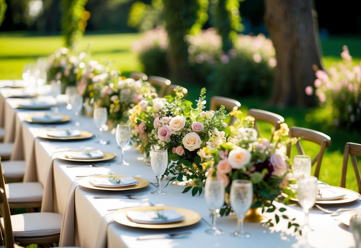 A charming outdoor garden setting with a long, elegantly decorated table adorned with floral centerpieces and delicate place settings, bathed in warm sunlight