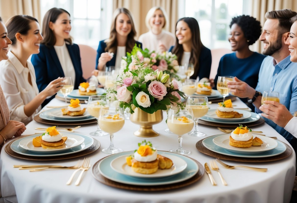 A table set with elegant brunch dishes and floral centerpieces, surrounded by happy chatter and laughter