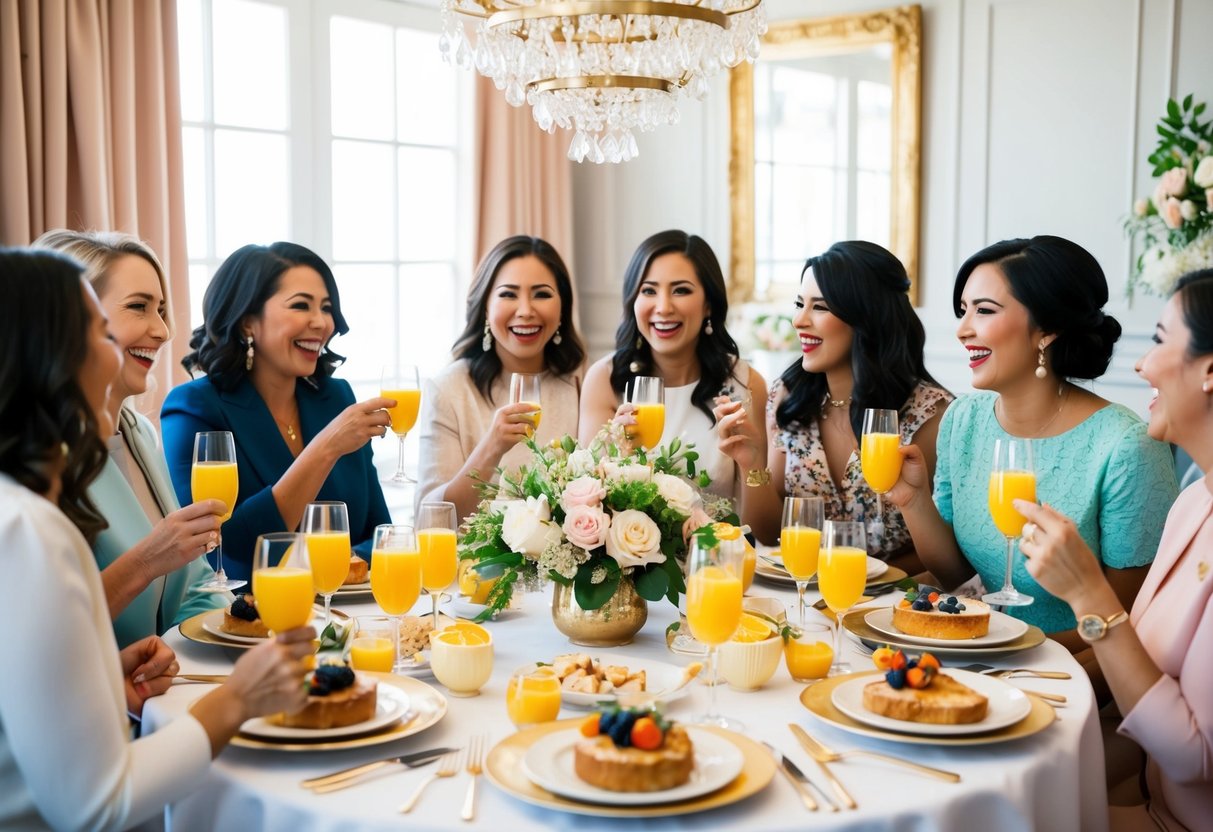A group of women gather at a beautifully decorated brunch table, sipping mimosas and engaging in lively conversation. The room is filled with laughter and excitement as they celebrate the upcoming wedding
