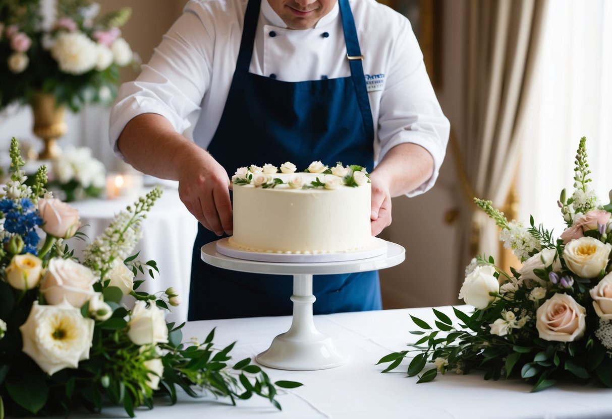 A baker placing a beautifully decorated wedding cake on a table, surrounded by floral arrangements and elegant decor