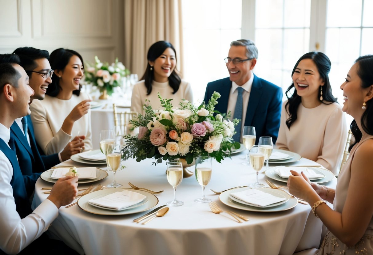 A table set with elegant place settings and floral centerpieces, surrounded by friends and family members laughing and chatting