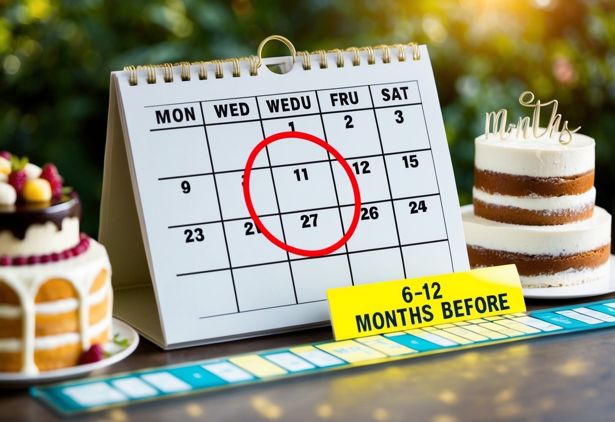 A calendar with a wedding date circled, surrounded by images of cakes, and a timeline with "6-12 months before" highlighted