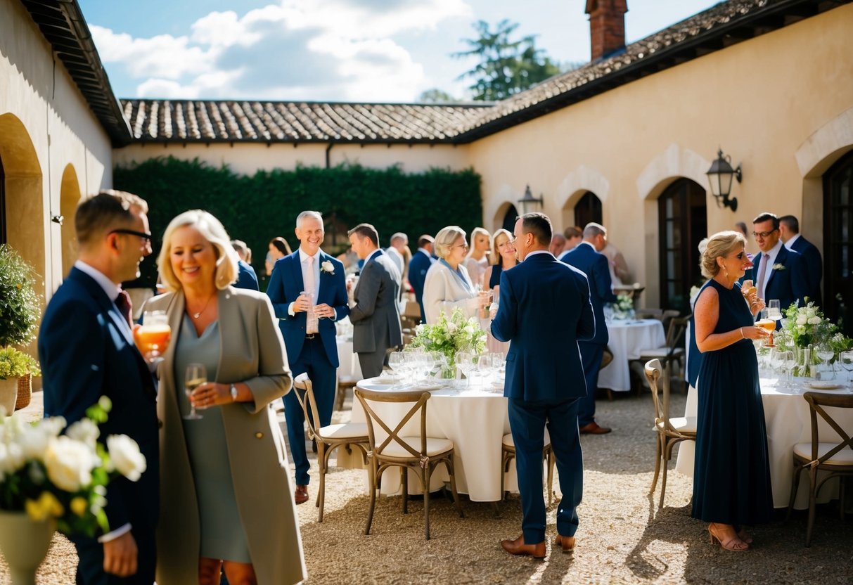 Guests mingle in a sunlit courtyard, chatting and sipping drinks. Tables are being set up nearby for the wedding breakfast