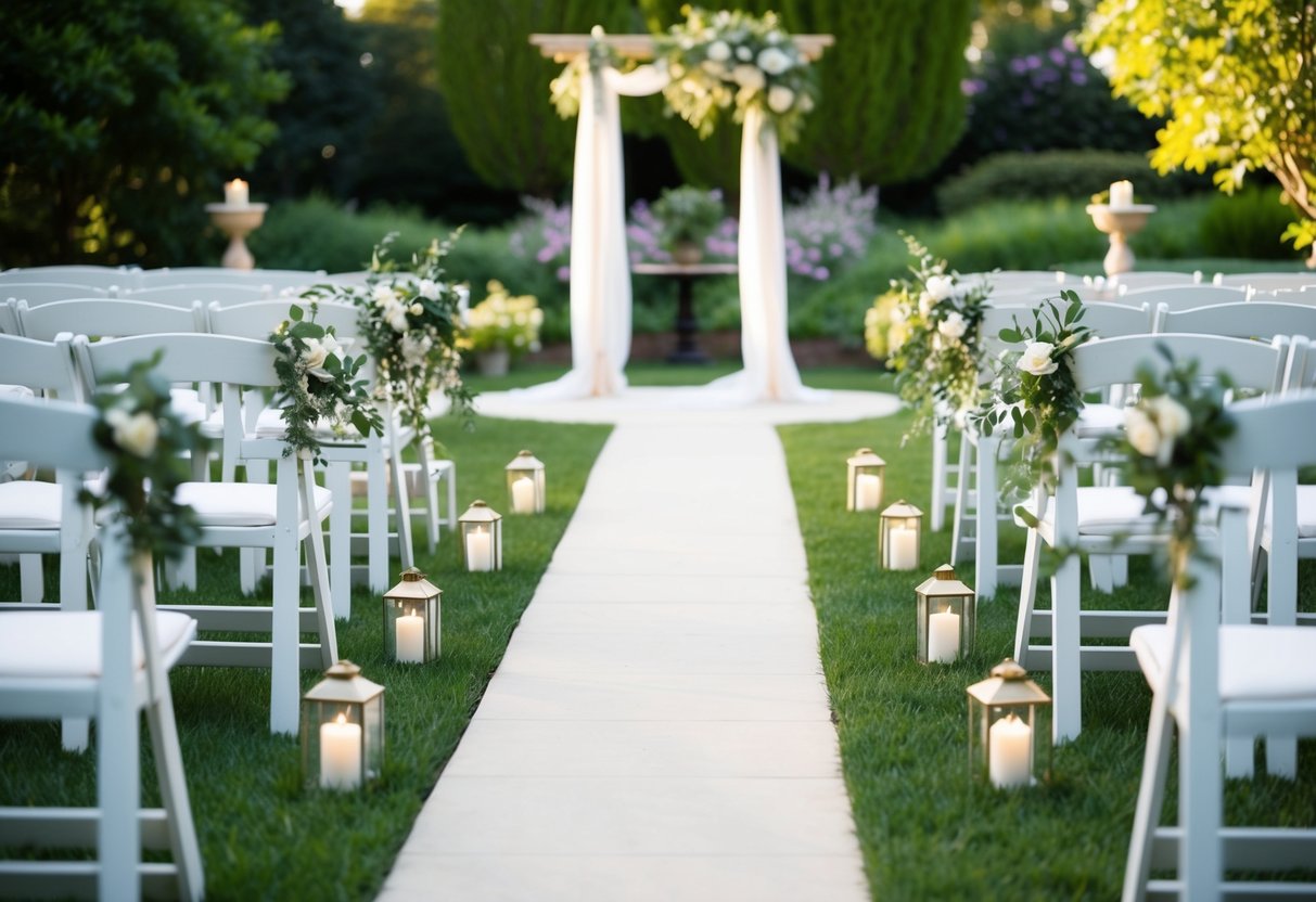A serene garden setting with a path leading from a picturesque ceremony site to a beautifully decorated outdoor dining area