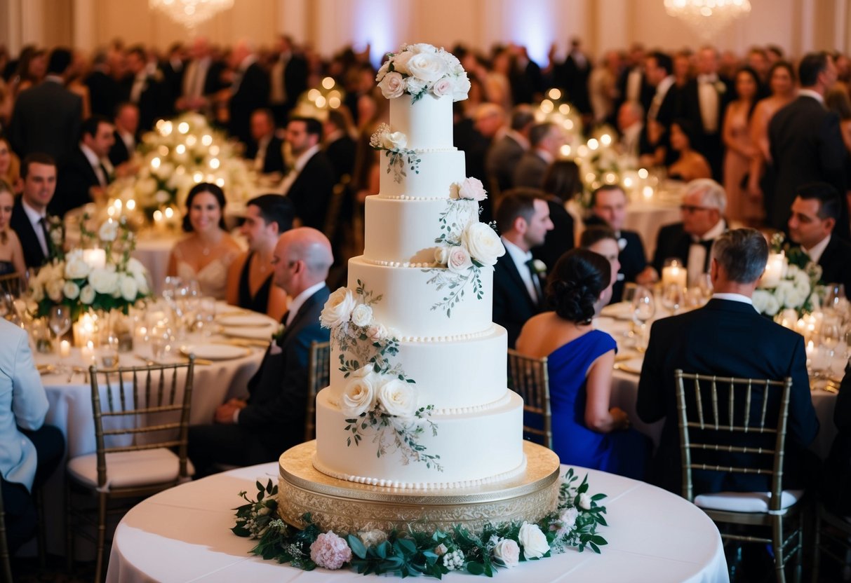 A grand, five-tiered wedding cake with intricate floral decorations, surrounded by elegant table settings and a bustling crowd of 250 guests
