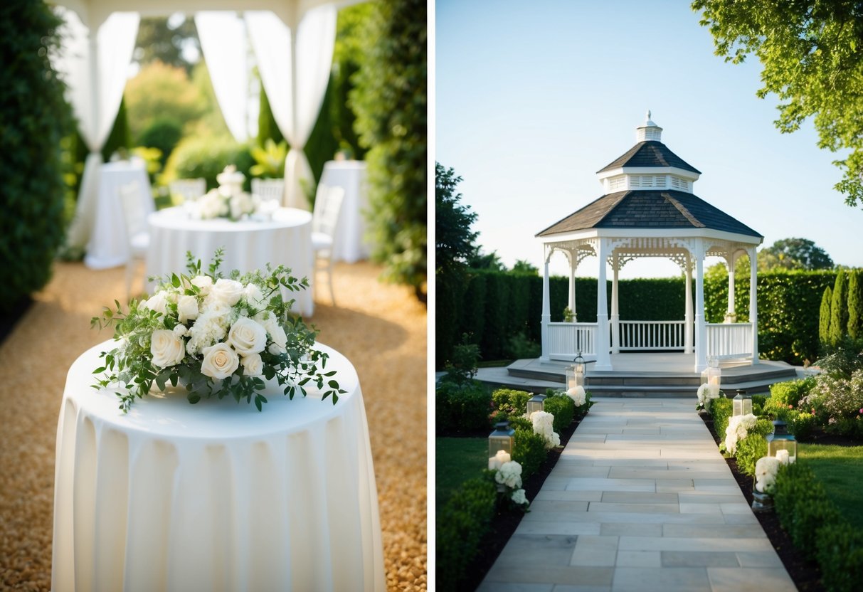 A serene garden setting with a gazebo for the ceremony, followed by an elegant reception hall for the wedding breakfast