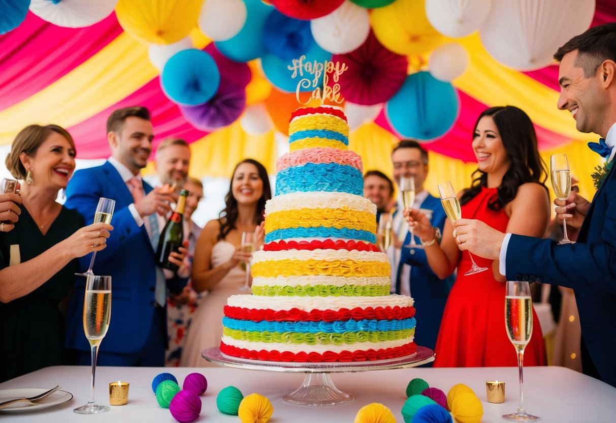 A festive celebration with colorful decorations and music, featuring a large cake and champagne toasts
