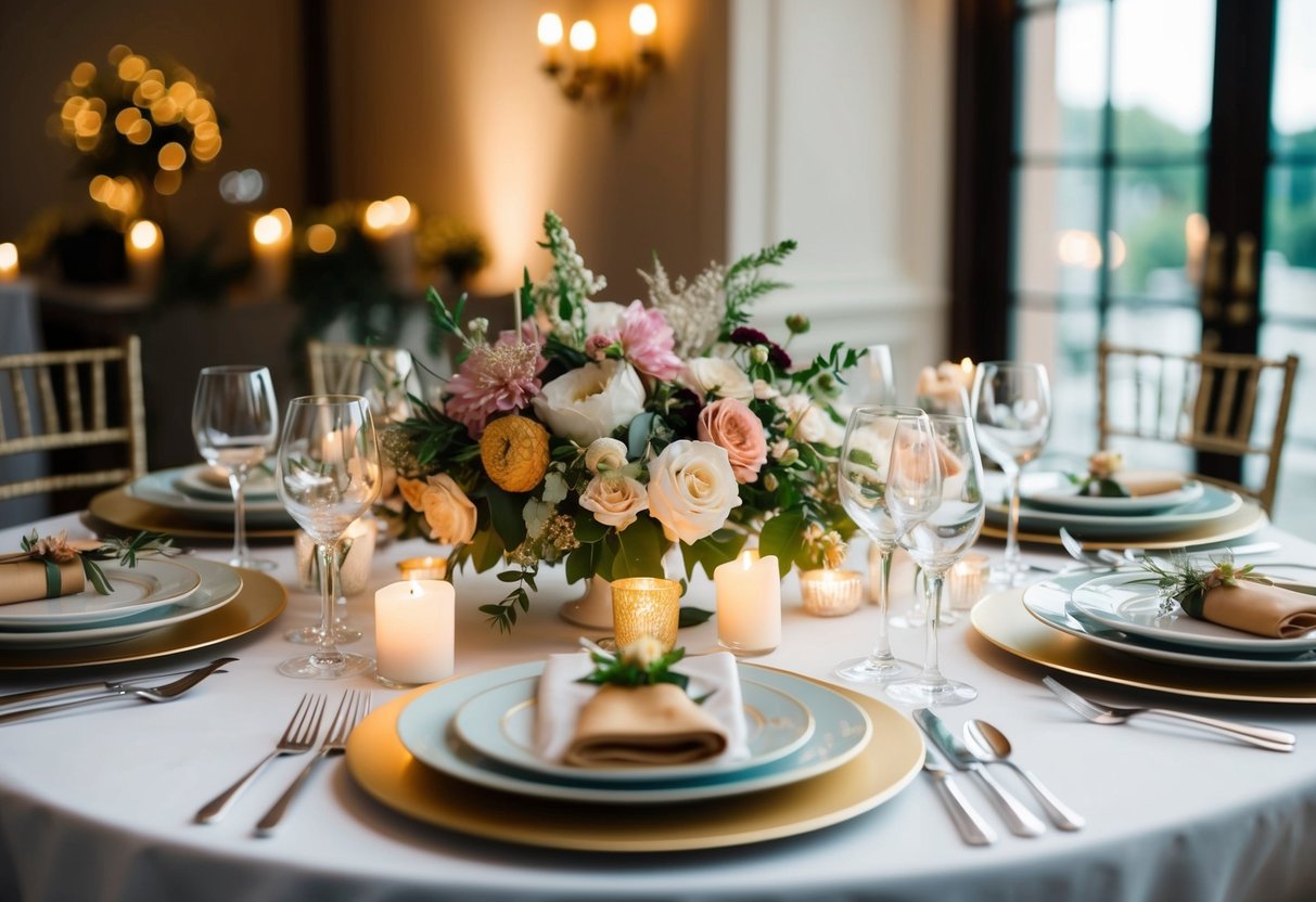 A beautifully set table with elegant place settings and a variety of delectable dishes, surrounded by floral centerpieces and soft candlelight