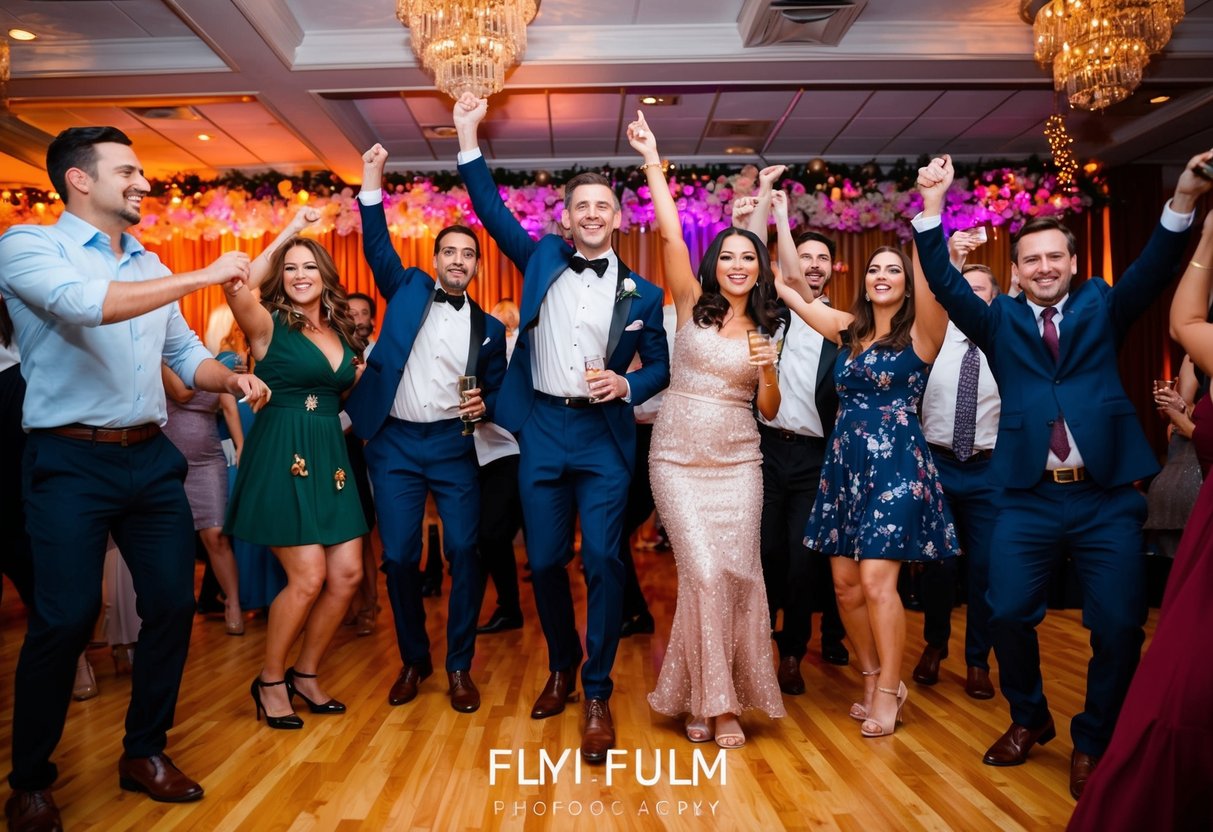 A group of people celebrating in a decorated venue with music and dancing