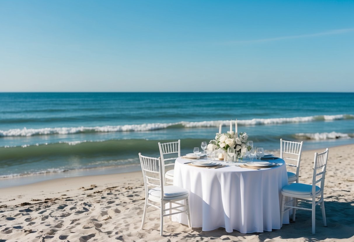 A serene beach with gentle waves, a clear blue sky, and a table set for a wedding brunch with elegant white decor