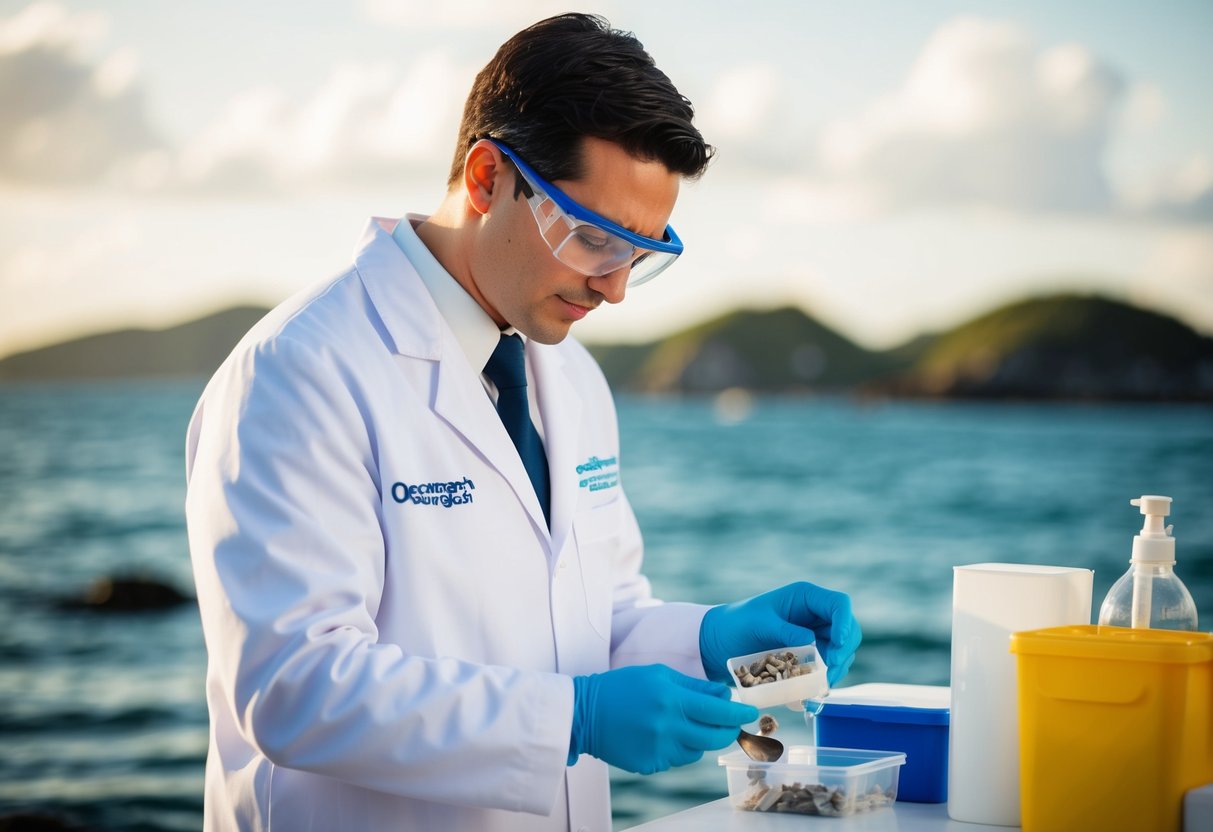 An oceanographer in a white lab coat studies marine samples at a wedding brunch by the sea