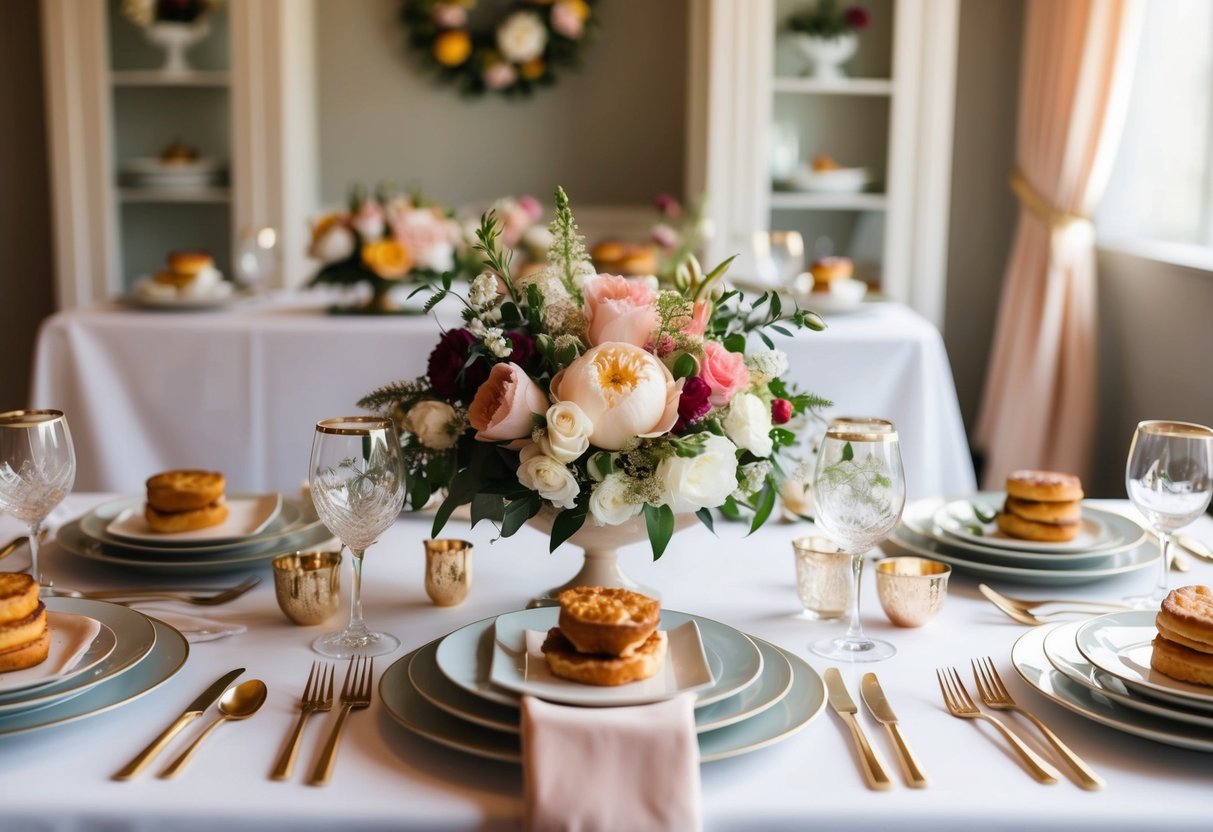 A table set with elegant dishes and flowers for a bridal brunch