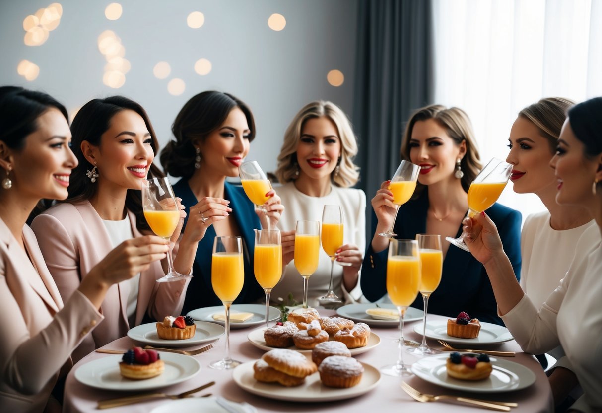 A group of elegantly dressed women sipping mimosas and nibbling on pastries at a stylish brunch setting
