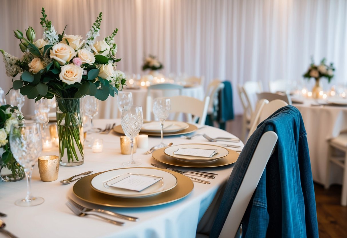 A table set with elegant place settings and a vase of flowers, with a pair of jeans draped over a chair at a bridal brunch
