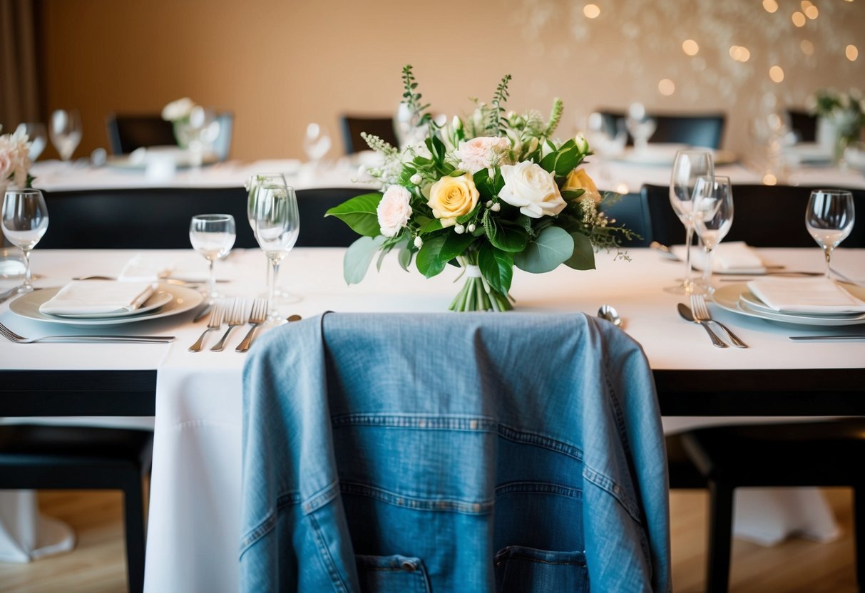 A table set with elegant place settings and a bouquet of flowers, with a pair of jeans draped over a chair