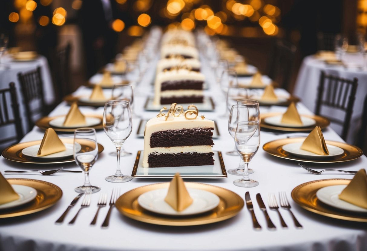 A table with 60 place settings, each with a slice of wedding cake