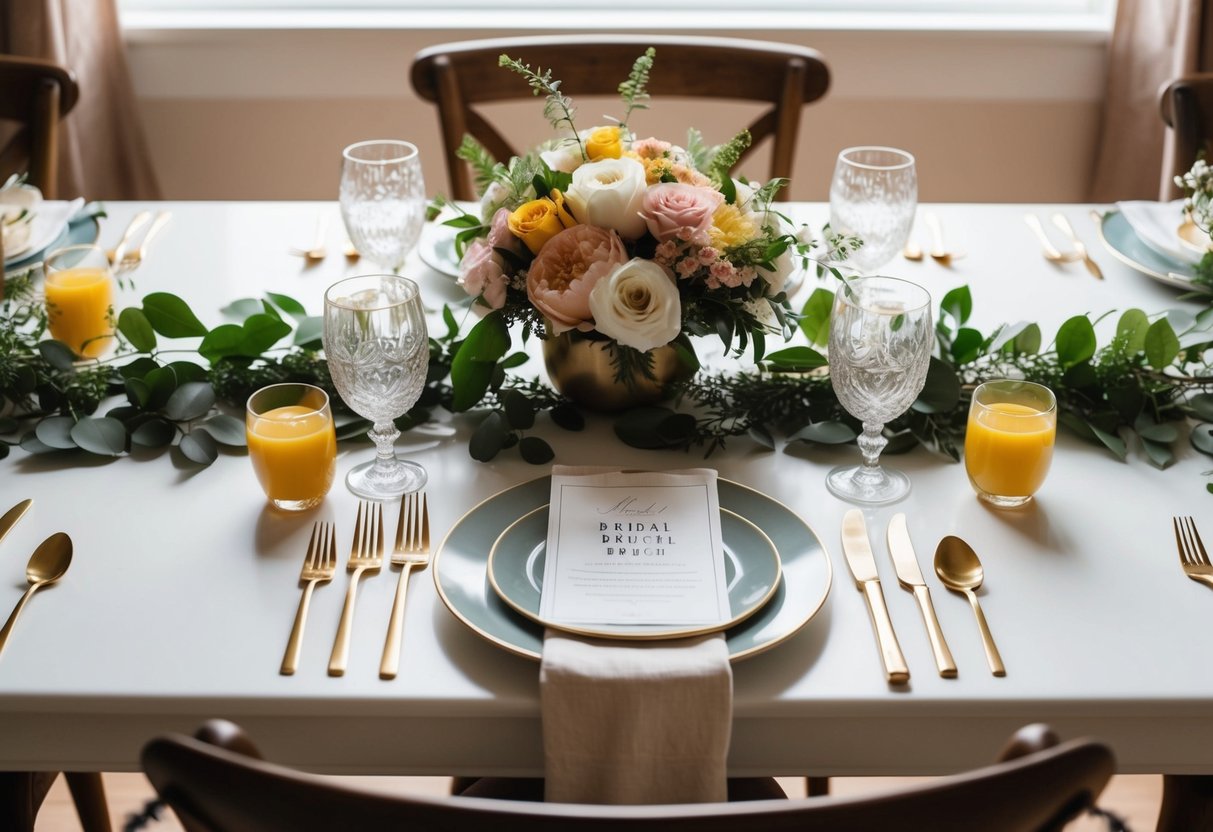 A table set for a bridal brunch with elegant place settings, fresh flowers, and a casual yet chic outfit laid out on a chair