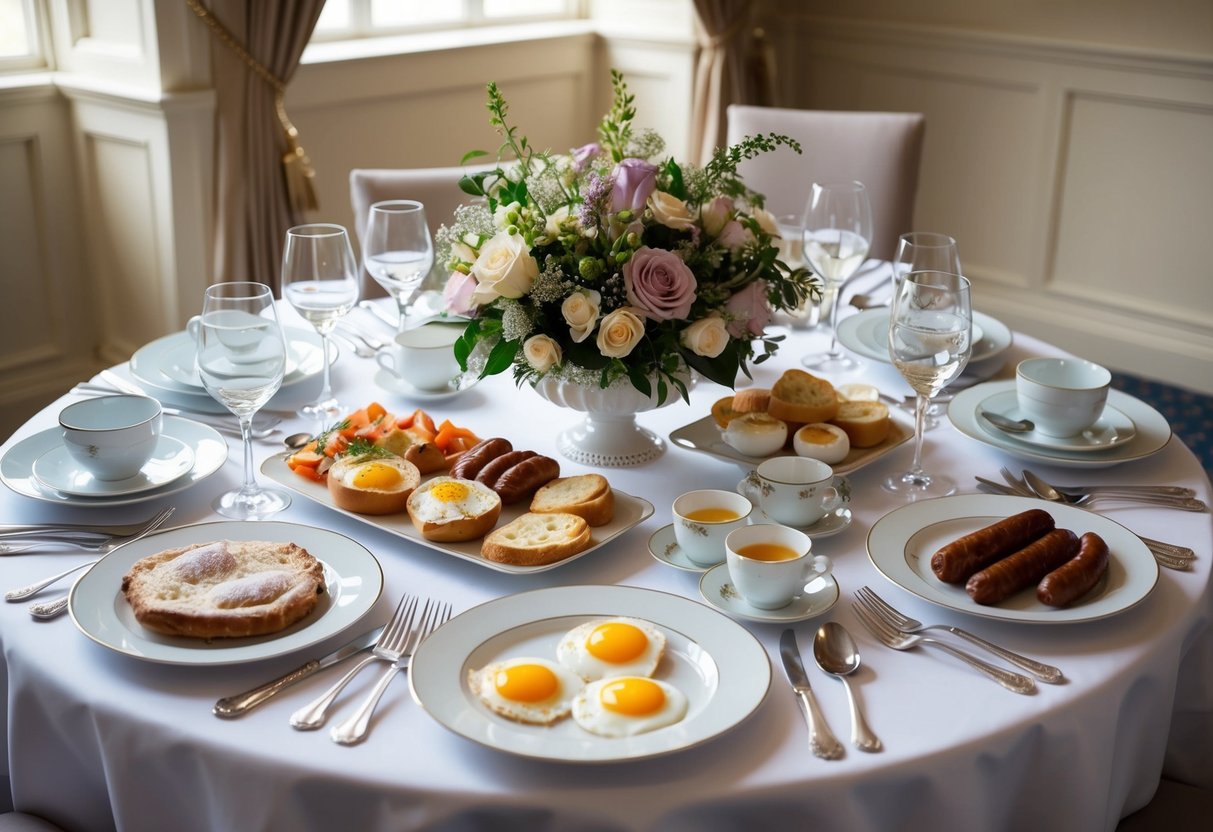 A British wedding breakfast: a beautifully set table with fine china, silverware, and elegant floral centerpieces. A spread of traditional English breakfast items like eggs, bacon, sausage, and pastries