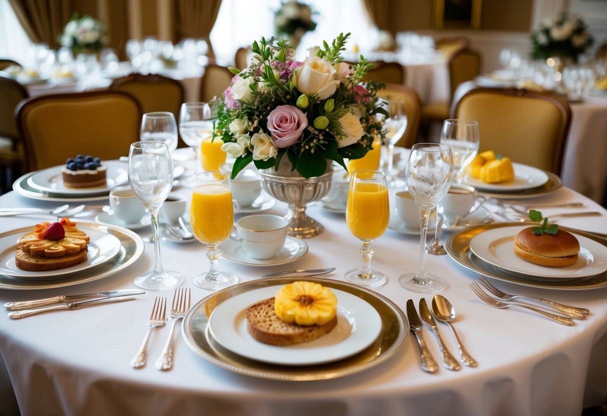 A grand table set with fine china, silverware, and floral centerpieces. A variety of breakfast foods and beverages are arranged elegantly