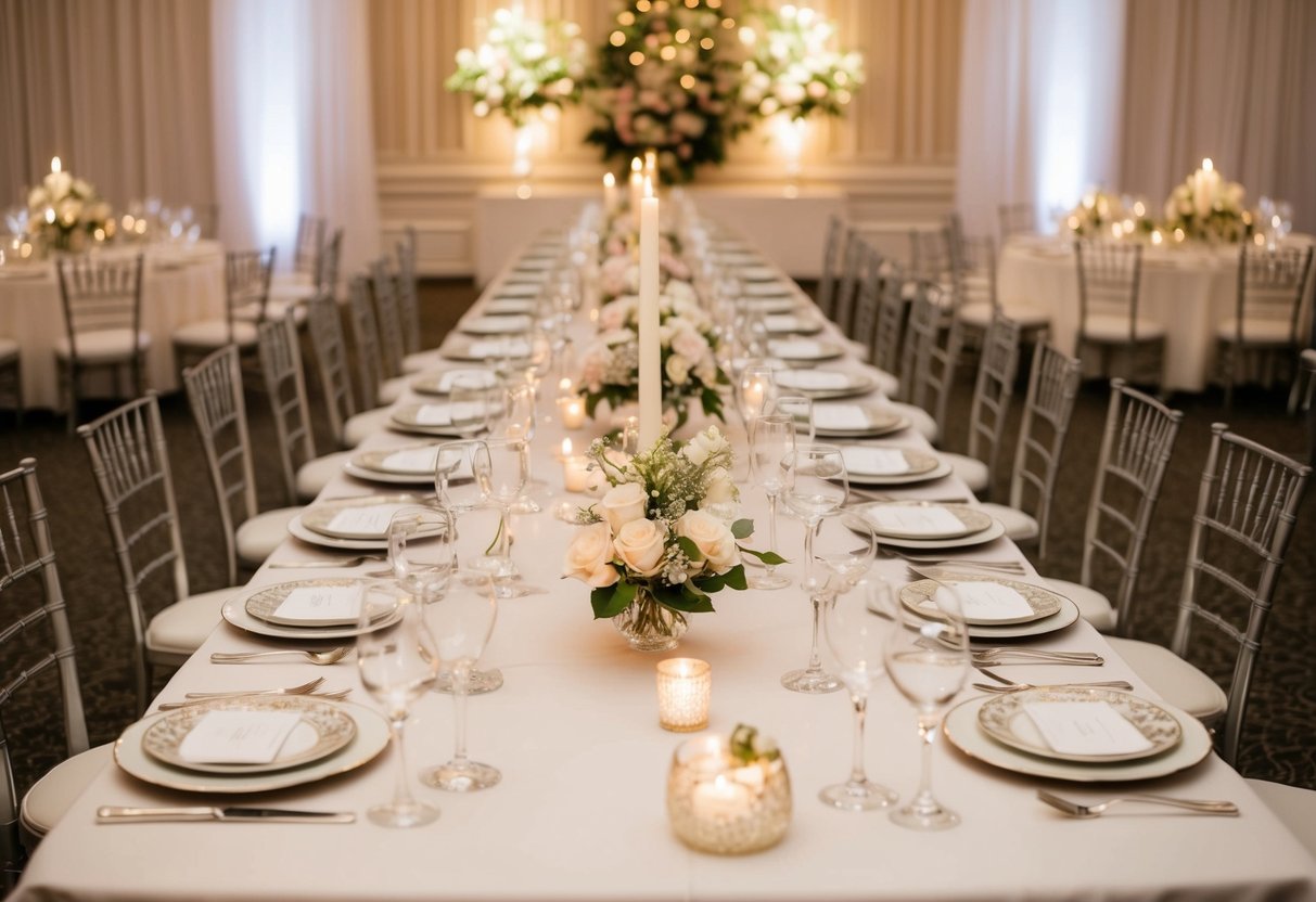 A long, elegantly set table with fine china, crystal glasses, and silverware. Floral centerpieces and candlelight create a romantic atmosphere