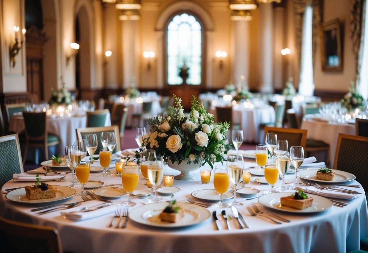 A grand banquet hall adorned with elegant table settings, filled with the aroma of traditional British wedding breakfast dishes