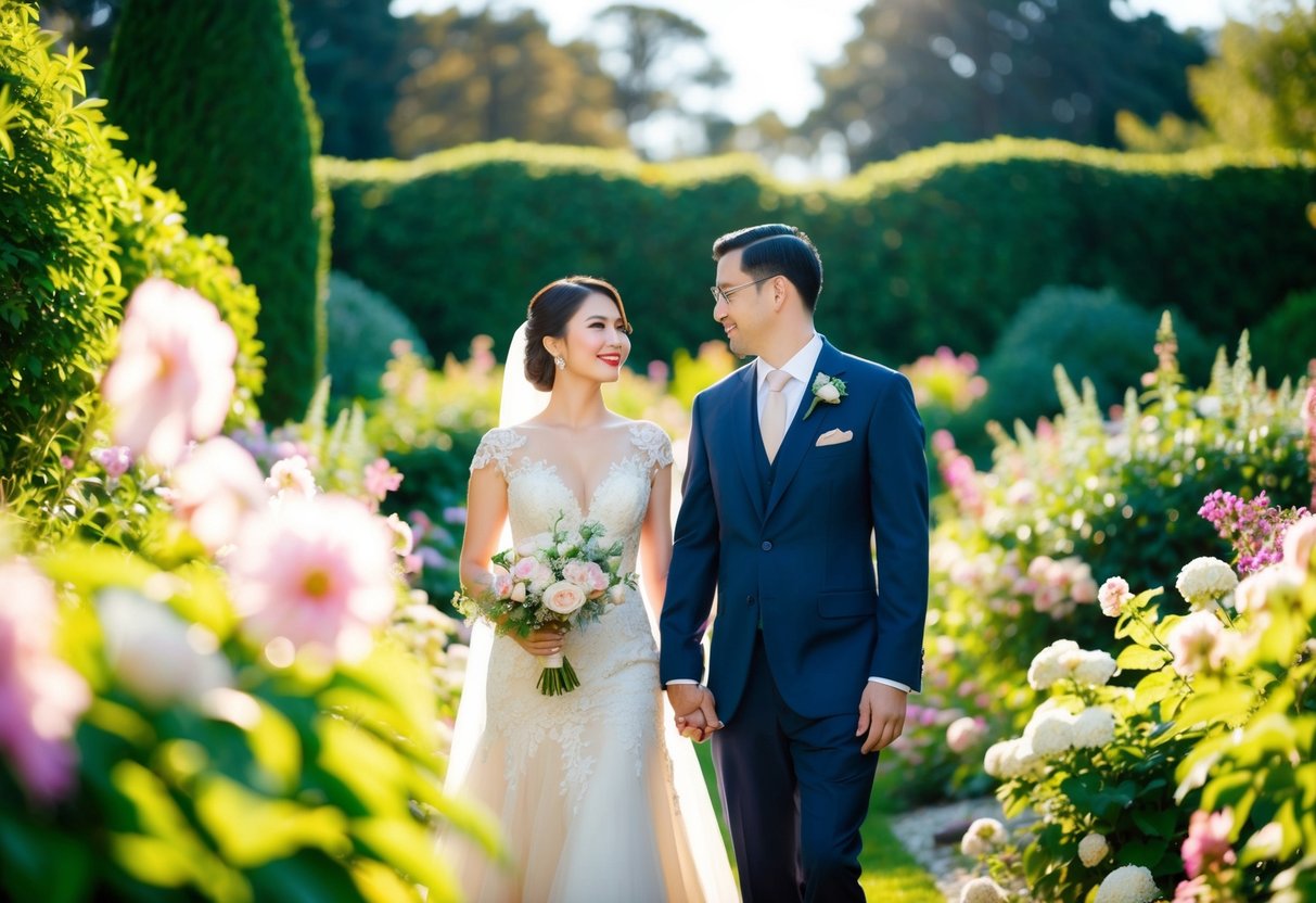 A couple stands in a garden, surrounded by blooming flowers and lush greenery. The sun is shining, casting a warm glow on their elegant attire