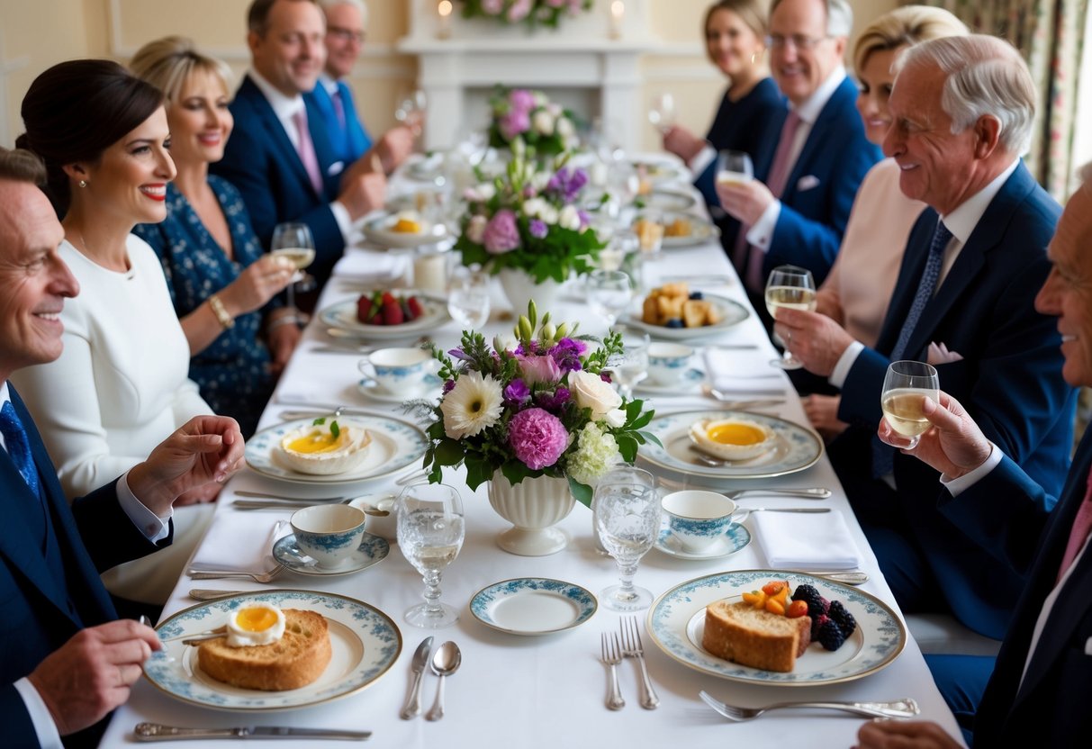A table set with elegant china, silverware, and floral centerpieces, surrounded by well-dressed guests enjoying a variety of traditional British breakfast dishes