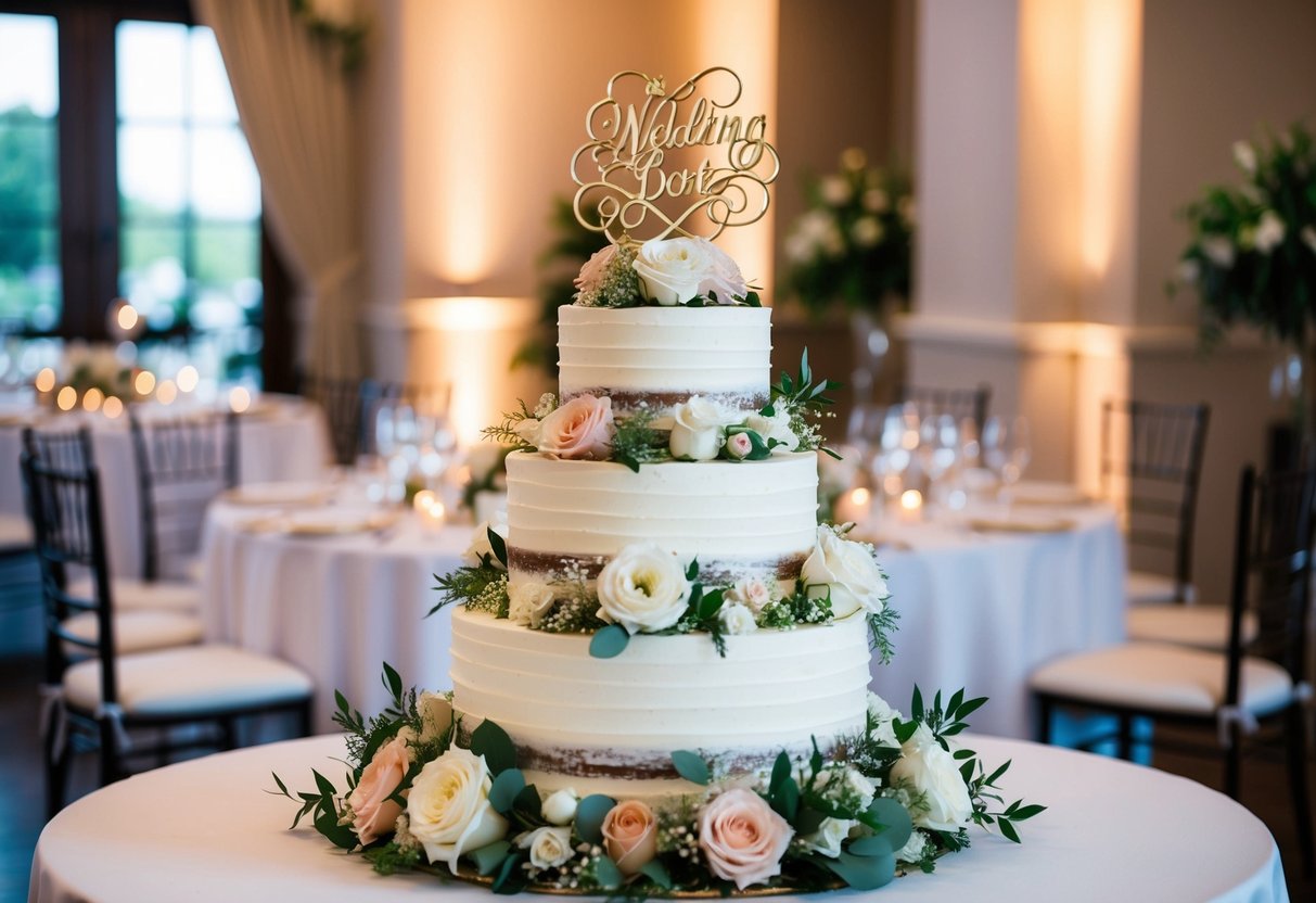 A wedding cake surrounded by floral decorations and elegant cake topper, displayed on a decorated table at a wedding reception