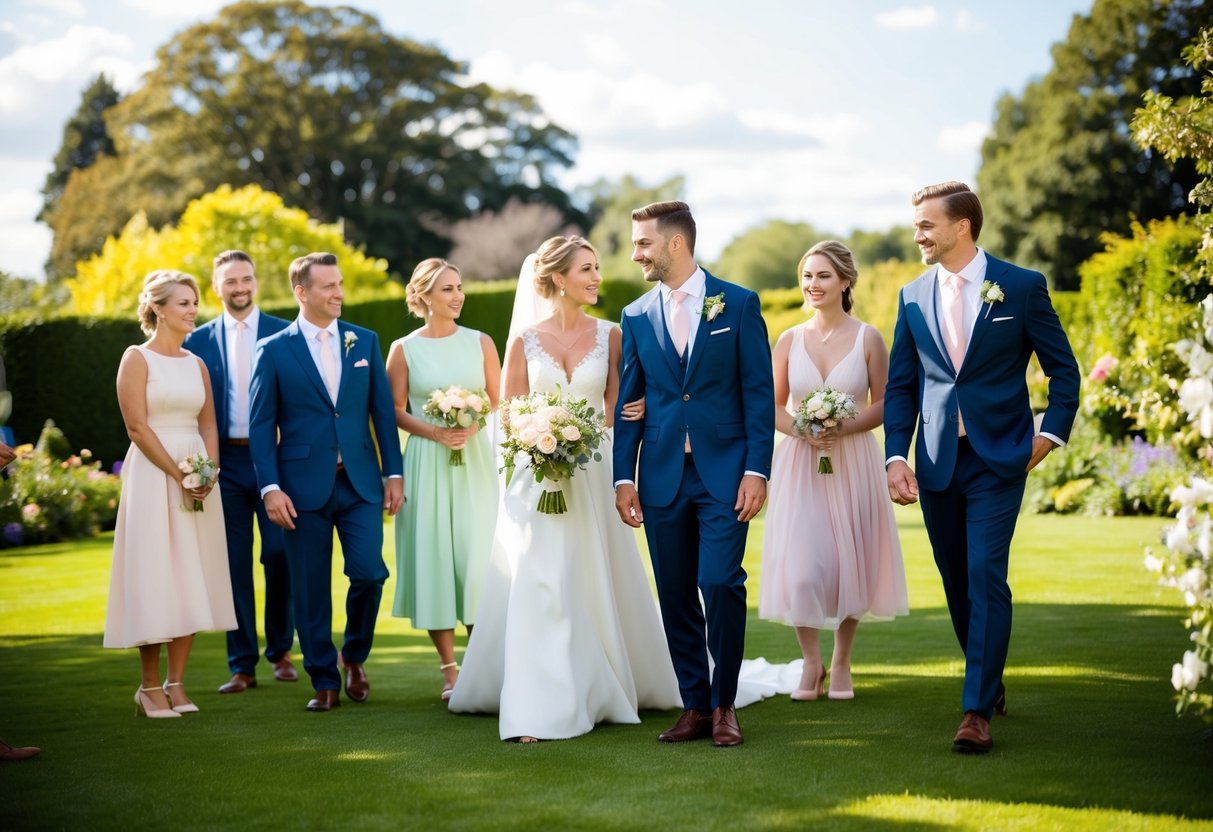 A sunny outdoor garden wedding with guests dressed in semi-formal attire, women in pastel dresses and men in suits or dress shirts with slacks