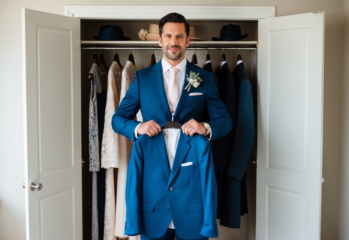 A man standing in front of a closet, holding up different outfits for a Sunday morning wedding