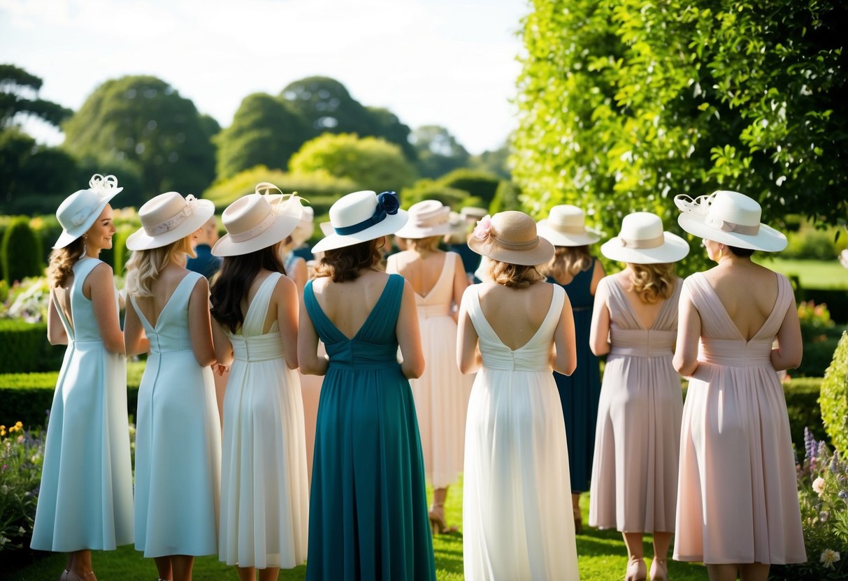 A group of women in elegant dresses and hats gather in a garden for a Sunday morning wedding ceremony
