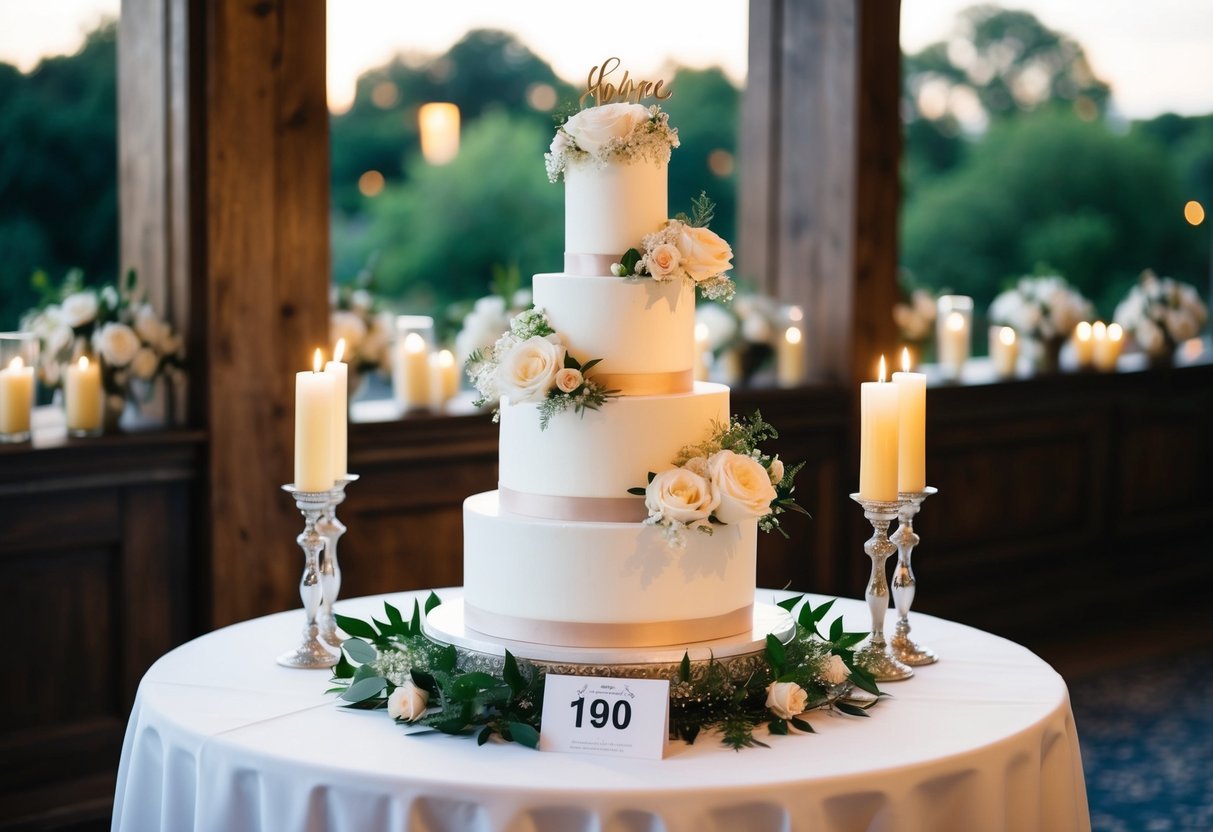 A tiered wedding cake surrounded by flowers and candles, displayed on a decorated table with a price tag
