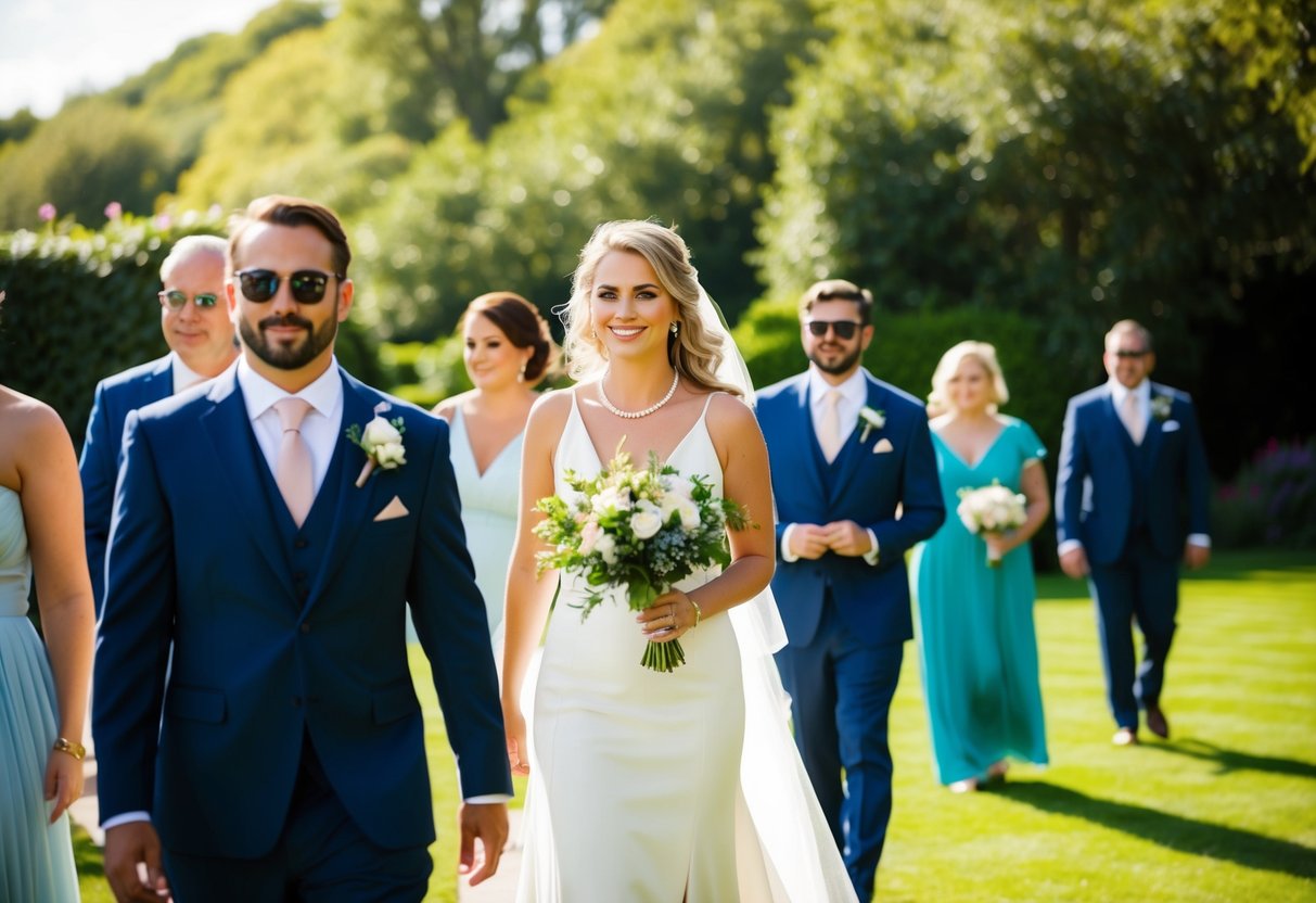 A sunny outdoor wedding with guests wearing formal attire in a garden or beach setting