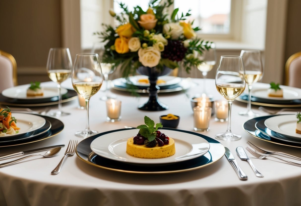 A table set with elegant place settings, featuring a starter, main course, and dessert. Wine glasses and floral centerpieces complete the formal setting