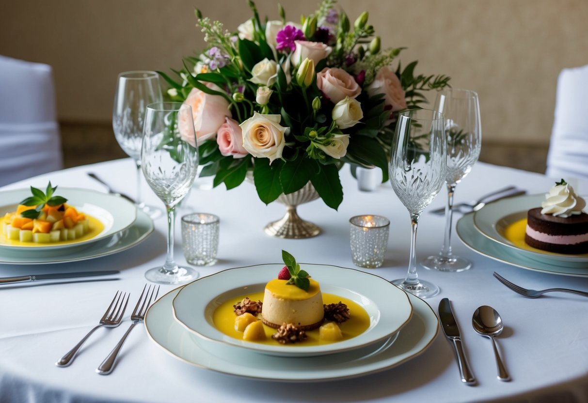 A beautifully set table with three elegant courses - appetizer, main course, and dessert - surrounded by floral centerpieces and sparkling glassware