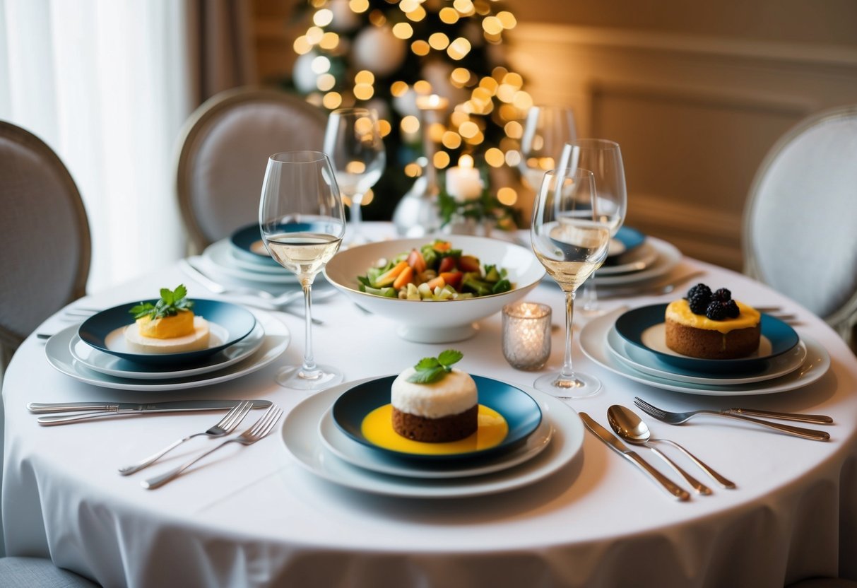 A beautifully set table with elegant place settings, featuring a starter, main course, and dessert, surrounded by tasteful decor and soft lighting
