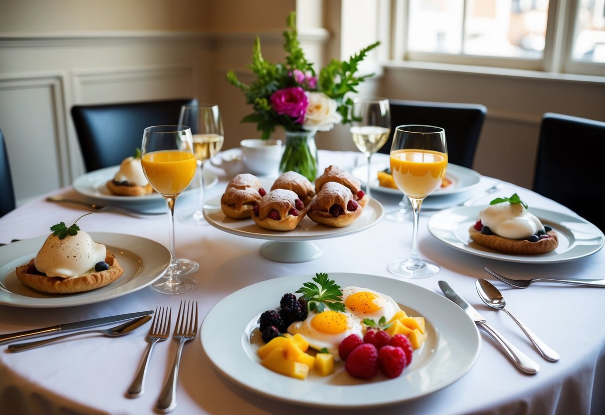 A table set with elegant place settings, adorned with a variety of breakfast foods such as pastries, fruit, yogurt, and eggs benedict