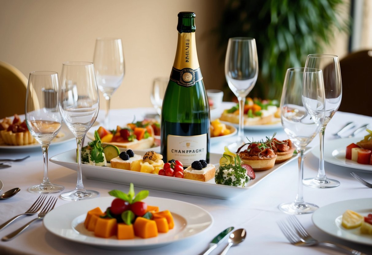 A table set with elegant glassware, a bottle of champagne chilling, and a variety of appetizers, entrees, and desserts arranged in a visually appealing manner