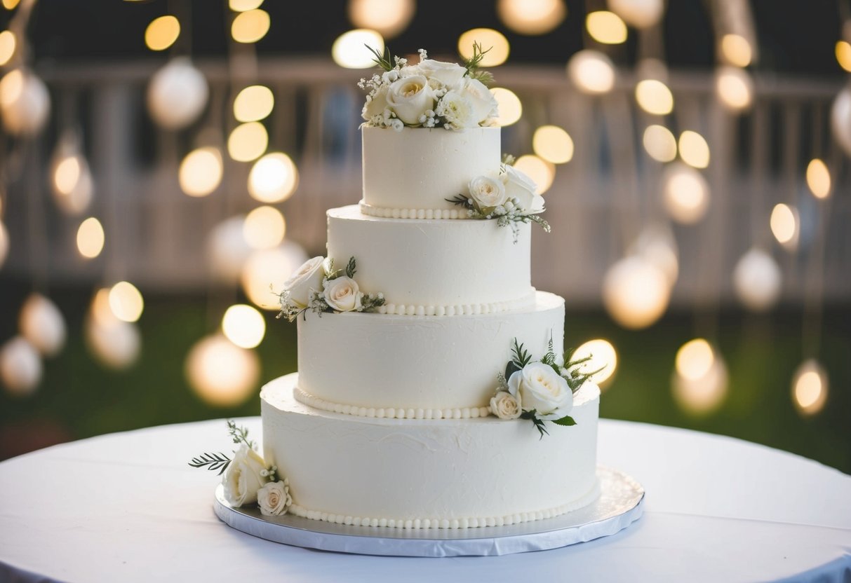A three-tiered wedding cake with fake tiers made of styrofoam, decorated with intricate frosting and floral details