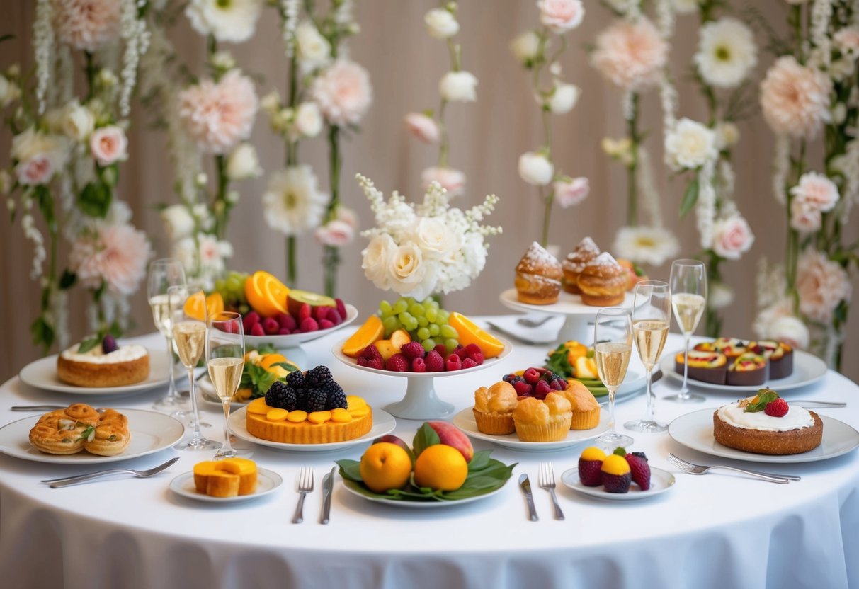 A beautifully arranged table with a variety of elegant dishes, including fresh fruits, pastries, and savory entrees, all set against a backdrop of delicate floral decorations