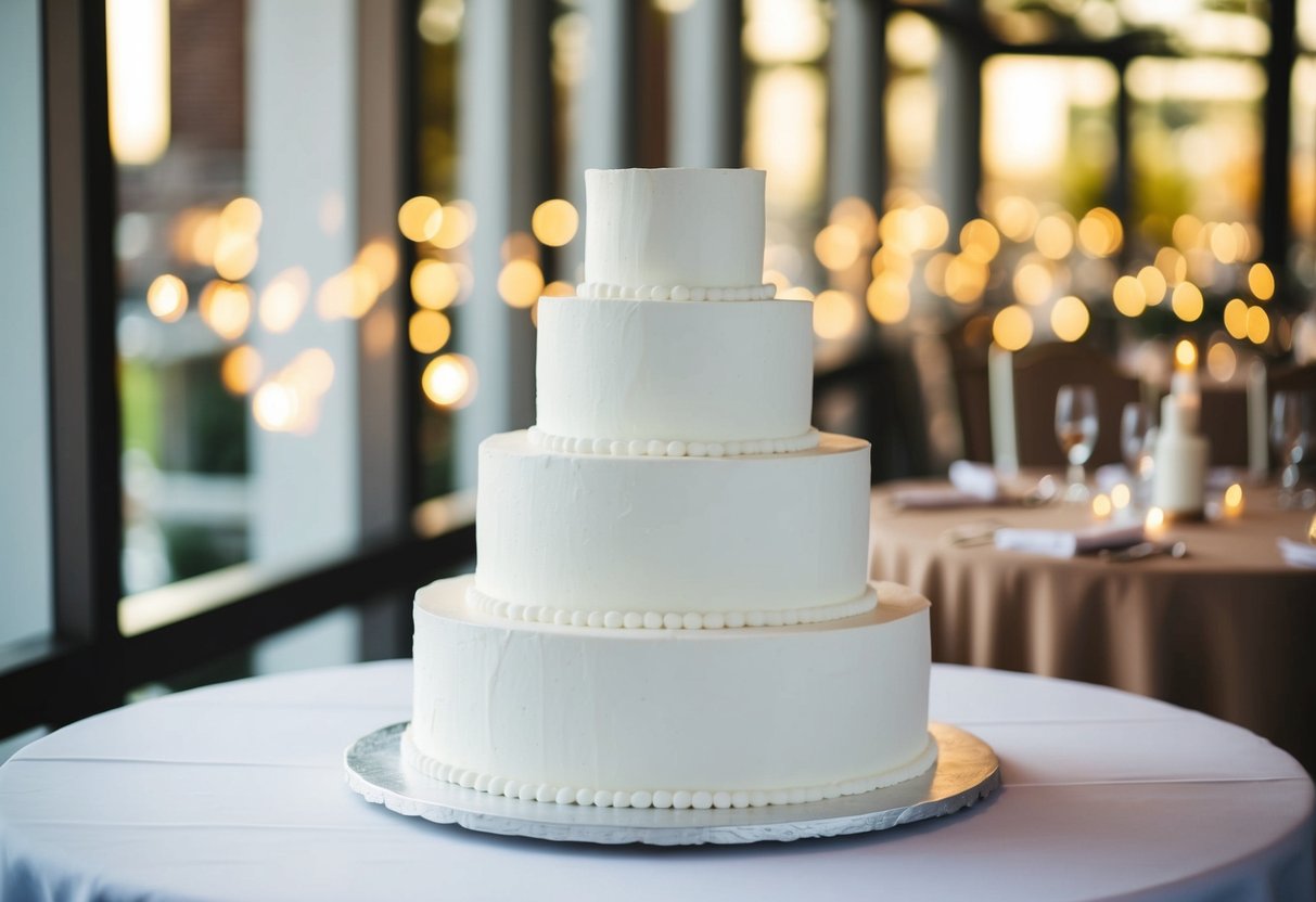 A three-tiered wedding cake with fake tiers made of styrofoam or cardboard, displayed on a table with a white tablecloth