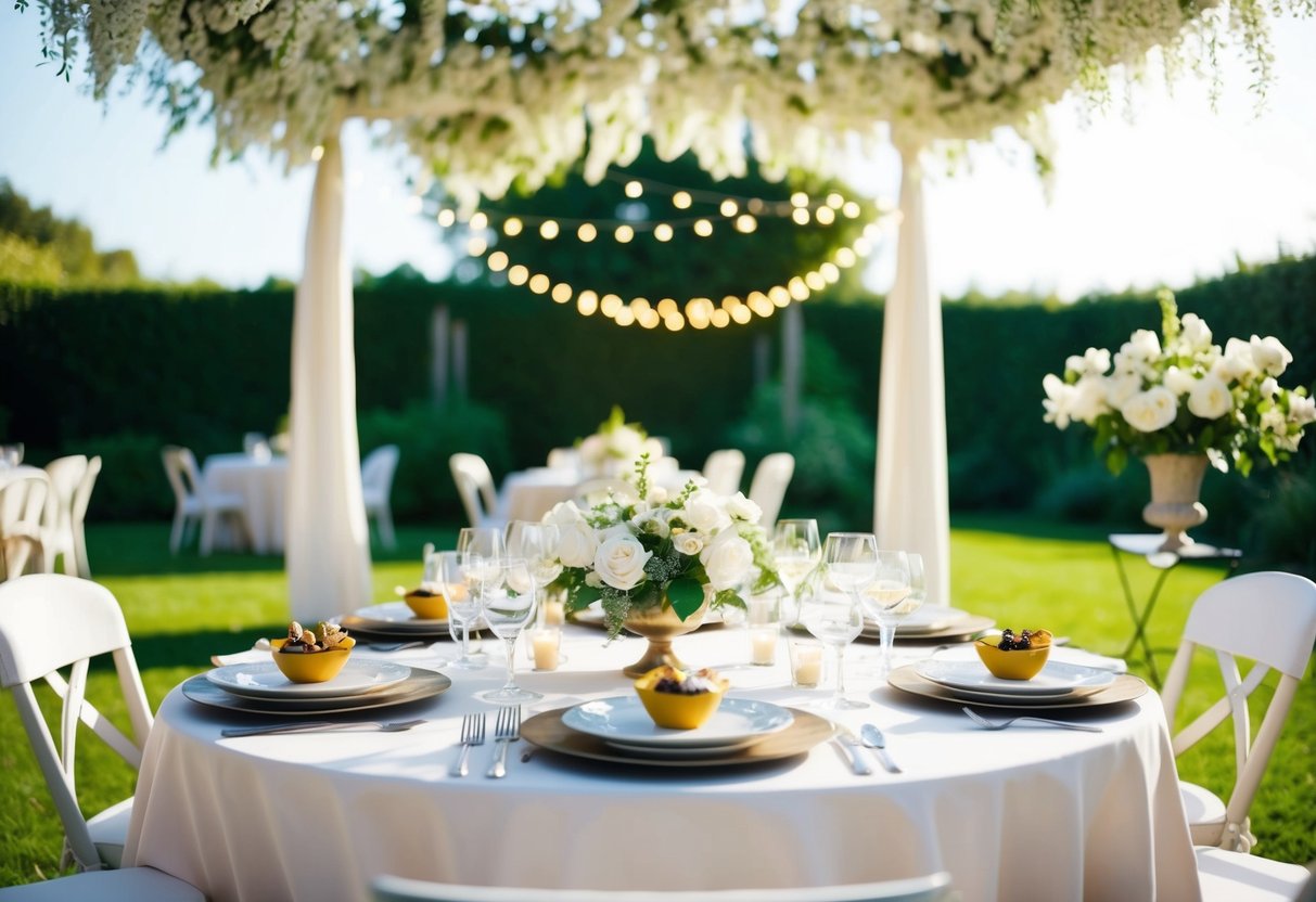 A table set with elegant brunch dishes under a canopy of white flowers and twinkling lights in a sunlit garden