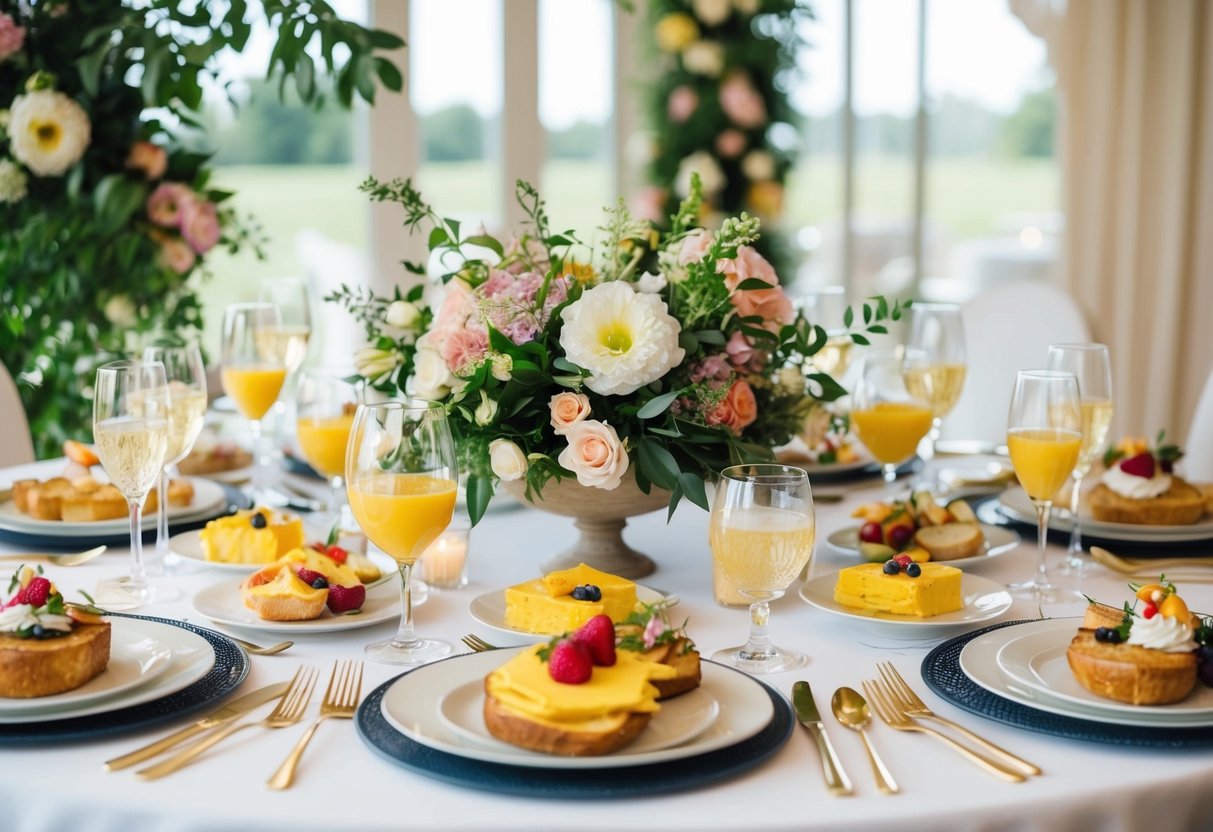 A beautifully set table with elegant place settings and a variety of brunch foods, surrounded by floral centerpieces and soft natural lighting