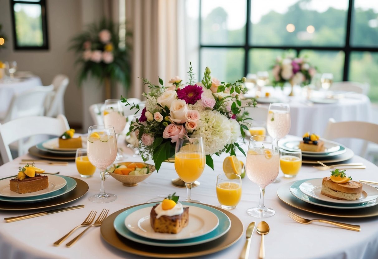 A table set for a bridal shower brunch with elegant place settings, fresh flowers, and a variety of delicious food and drinks