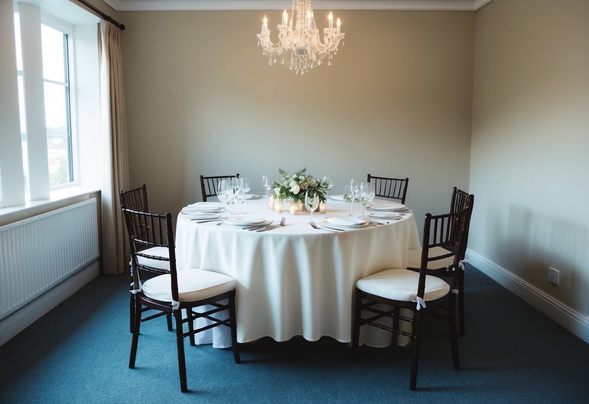 An empty table set for a wedding breakfast, with chairs pushed in and no food or guests in sight