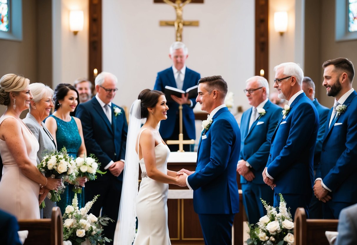 A couple stands at the altar, surrounded by family and friends, as they exchange vows without a traditional wedding breakfast