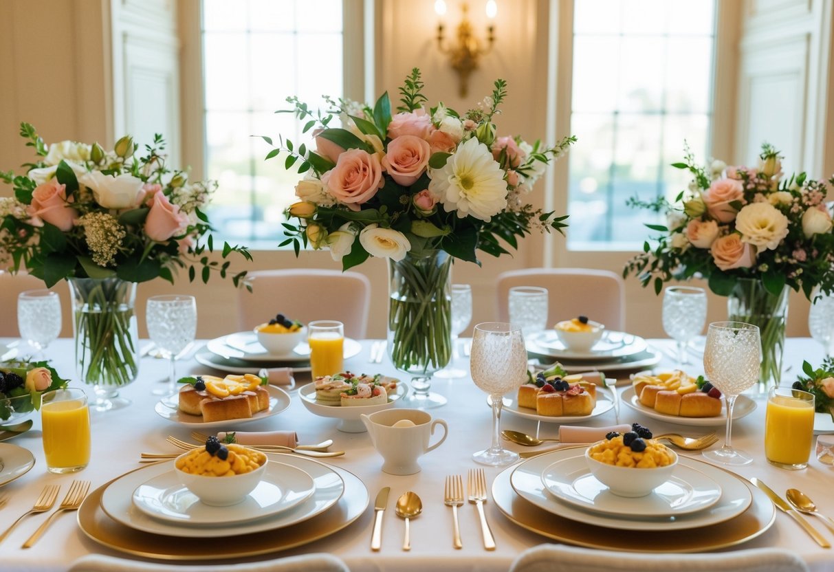 A beautifully set table with floral centerpieces, elegant place settings, and a spread of delicious brunch dishes