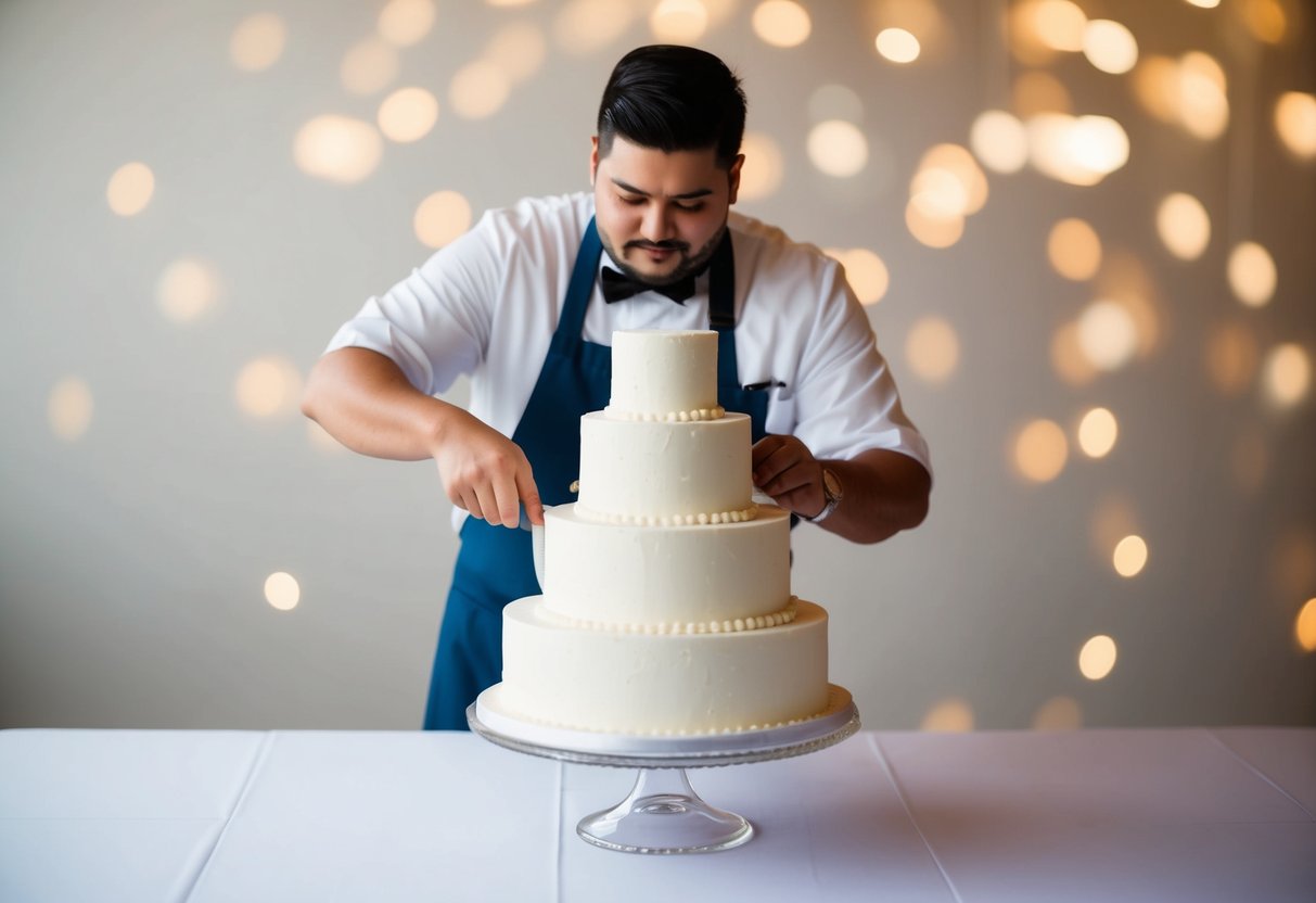 A baker measuring a tiered wedding cake to serve 100 guests