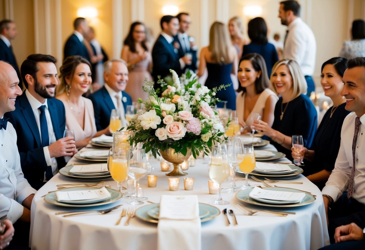A beautifully set table with elegant place settings and floral centerpieces, surrounded by happy guests mingling and enjoying drinks