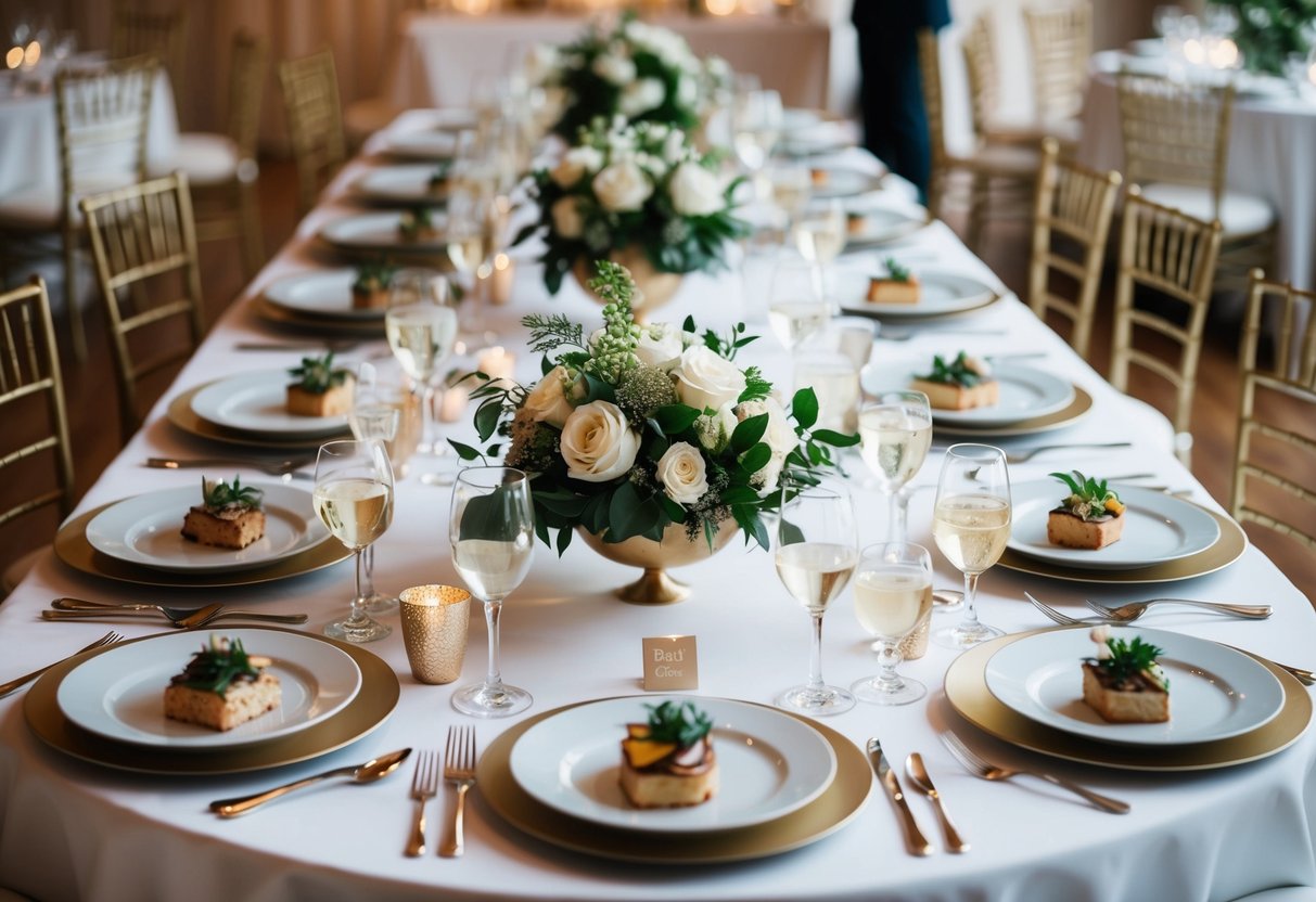 A beautifully arranged table with a variety of dishes and elegant place settings, showcasing the main meal at a wedding